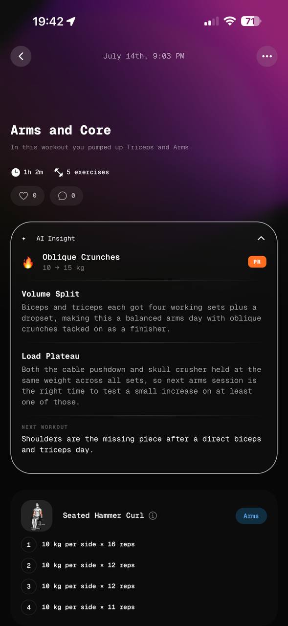 Etch AI workout summary - AI Insight with volume split, load plateau and next-workout note