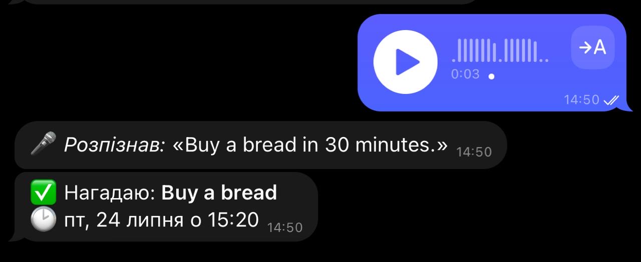 Telegram chat: a voice note sent, the bot's 'Розпізнав: Buy a bread in 30 minutes' transcription confirmation, then the reminder it set for 15:20