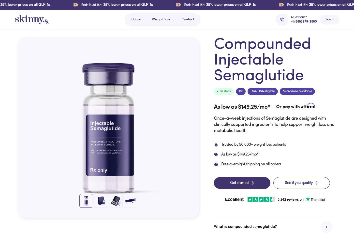 SkinnyRx product page - compounded injectable semaglutide with price, proof and Get started