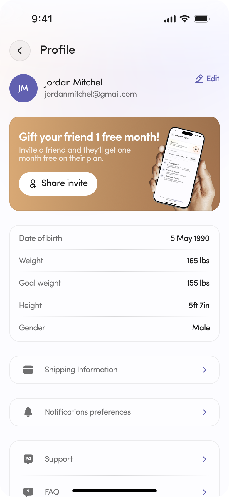 Referral gifting inside the profile