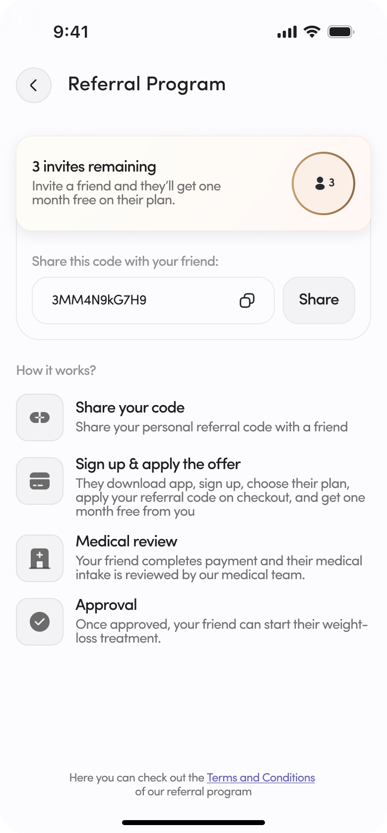 Referral program - friend pays, then medical intake is reviewed