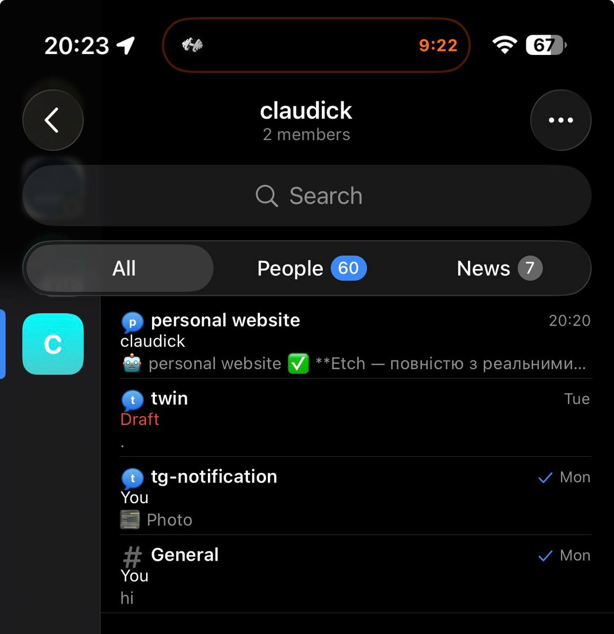 claudick Telegram group - one topic per project: personal website, tg-notification, twin, General
