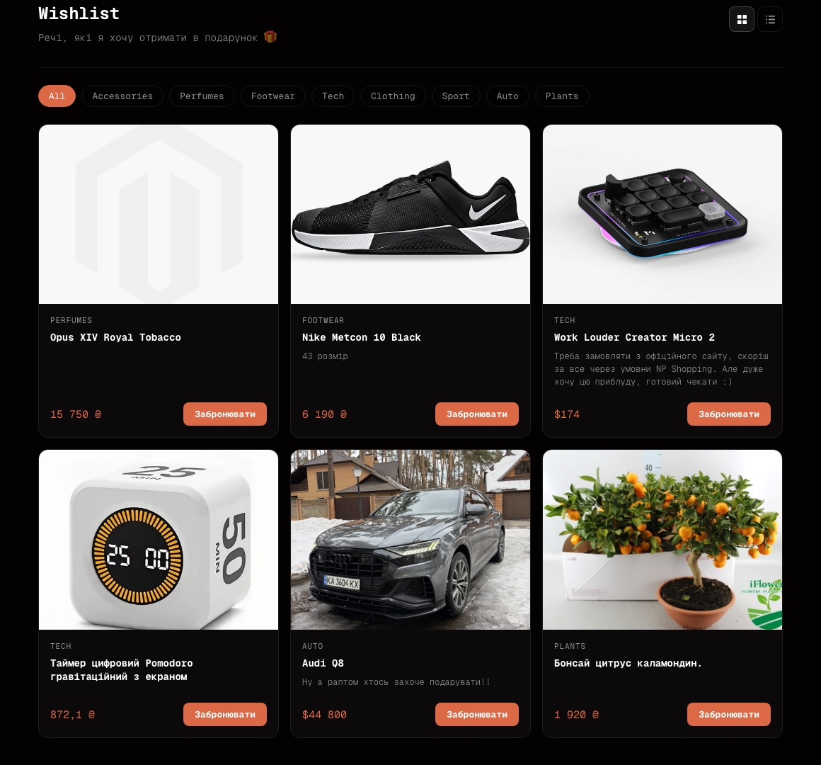 Wishlist grid view - product cards with category filters, prices and a Забронювати (book it) button on each